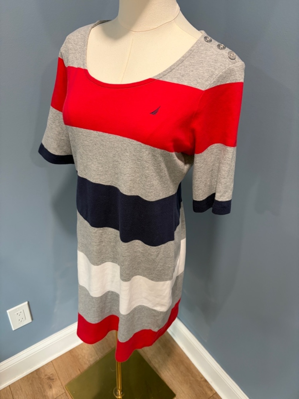 Nautica Striped Dress Medium Nautical Preppy Short Sleeve Knit